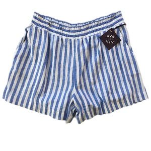 Blue & white striped linen elastic pull on shorts